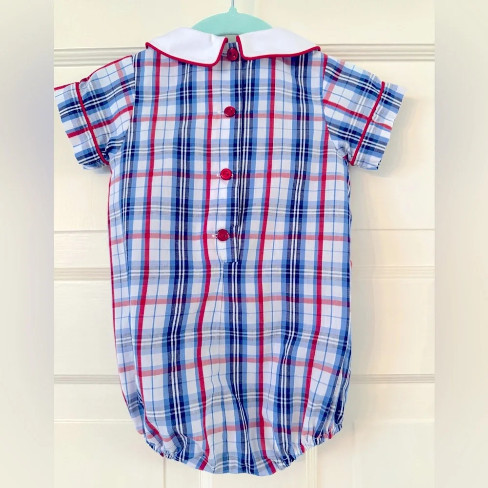 Little English Plaid Baby Boy Romper/ Bubble with Peter Pan Collar, 6M - Picture 3 of 3